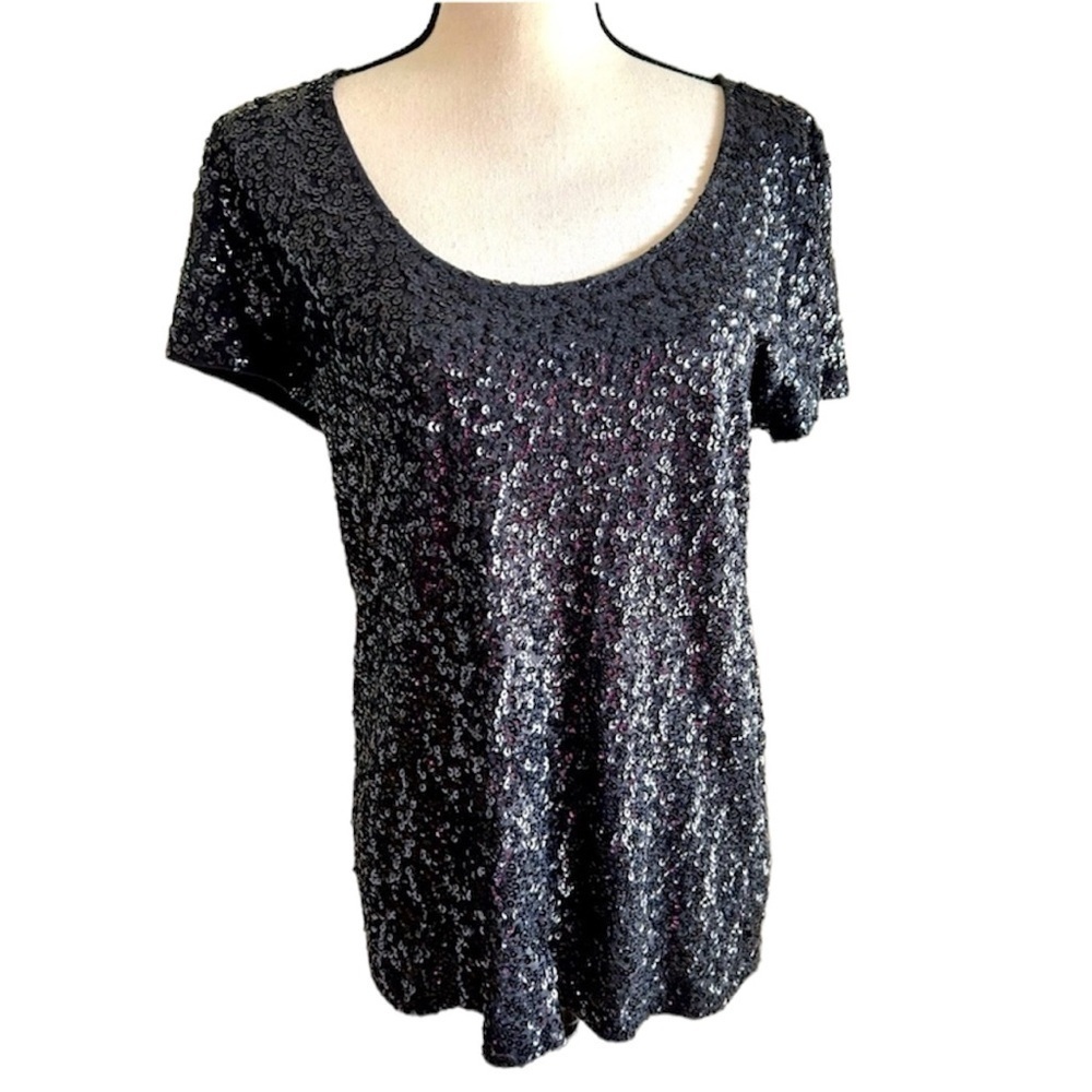 J.Crew Factory Top Black Sequin Short Sleeve Tee Sparkle Glitter size Large